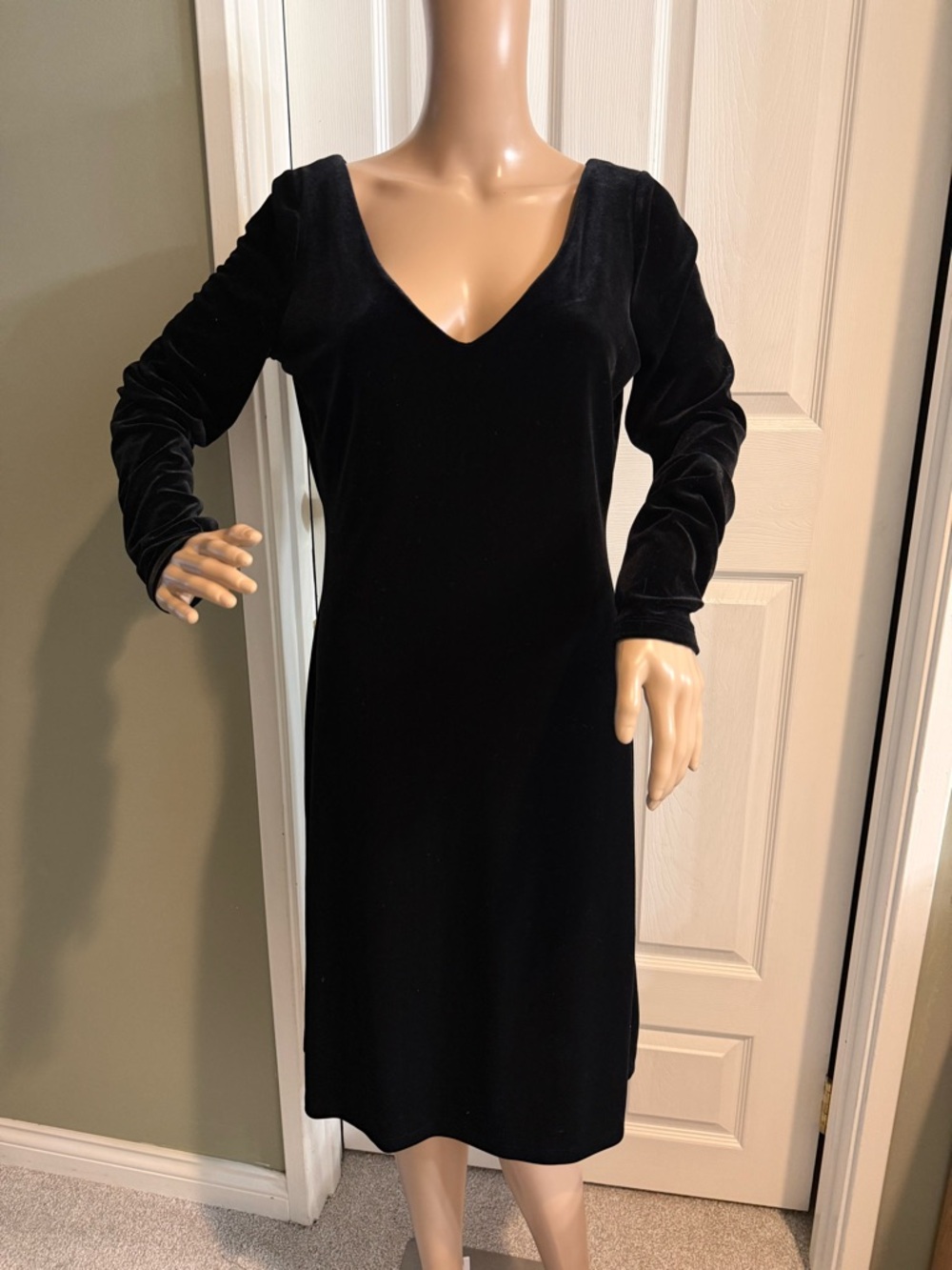 Vintage 90s Y2K Lauren Ralph Lauren Velvet Midi Dress Black V Neck Size PM